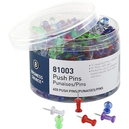 Business Source 0.5" Head Pushpins, Assorted Colors, PK600 BSN81003